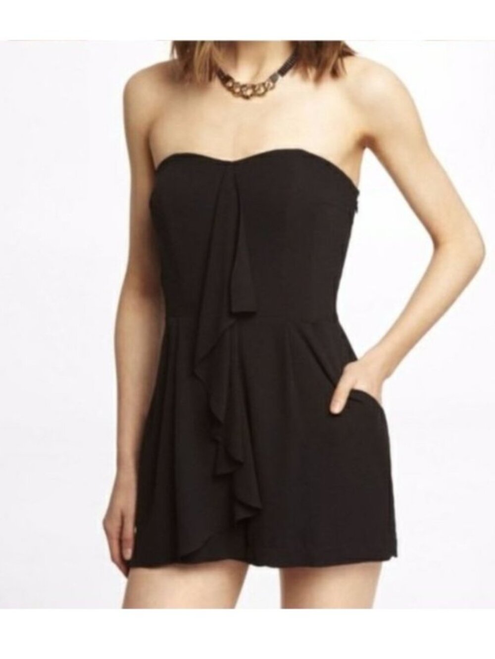 Express Strapless black ruffle romper with sweetheart neckline - Size 6